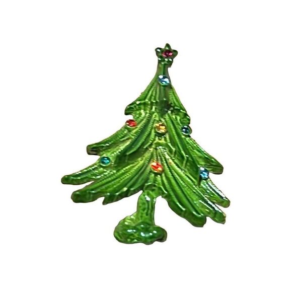 Vintage Green Enamel Christmas Tree Pin - Holiday Costume Jewelry - Picture 1 of 8